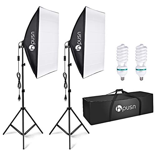 HPUSN Softbox Lighting Kit Professional Studio Photography Continuous Equipment with 85W 5500K E27 Socket Light and 2 Reflectors 50 x 70 cm and 2 Bulbs for Portrait Product Fashion Photography